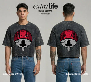 Playera streetwear premium de anime y gaming ExtraLife MX, corte boxy deluxe mineral wash heavyweight en color Acid Wash, moda urbana mexicana de culto.