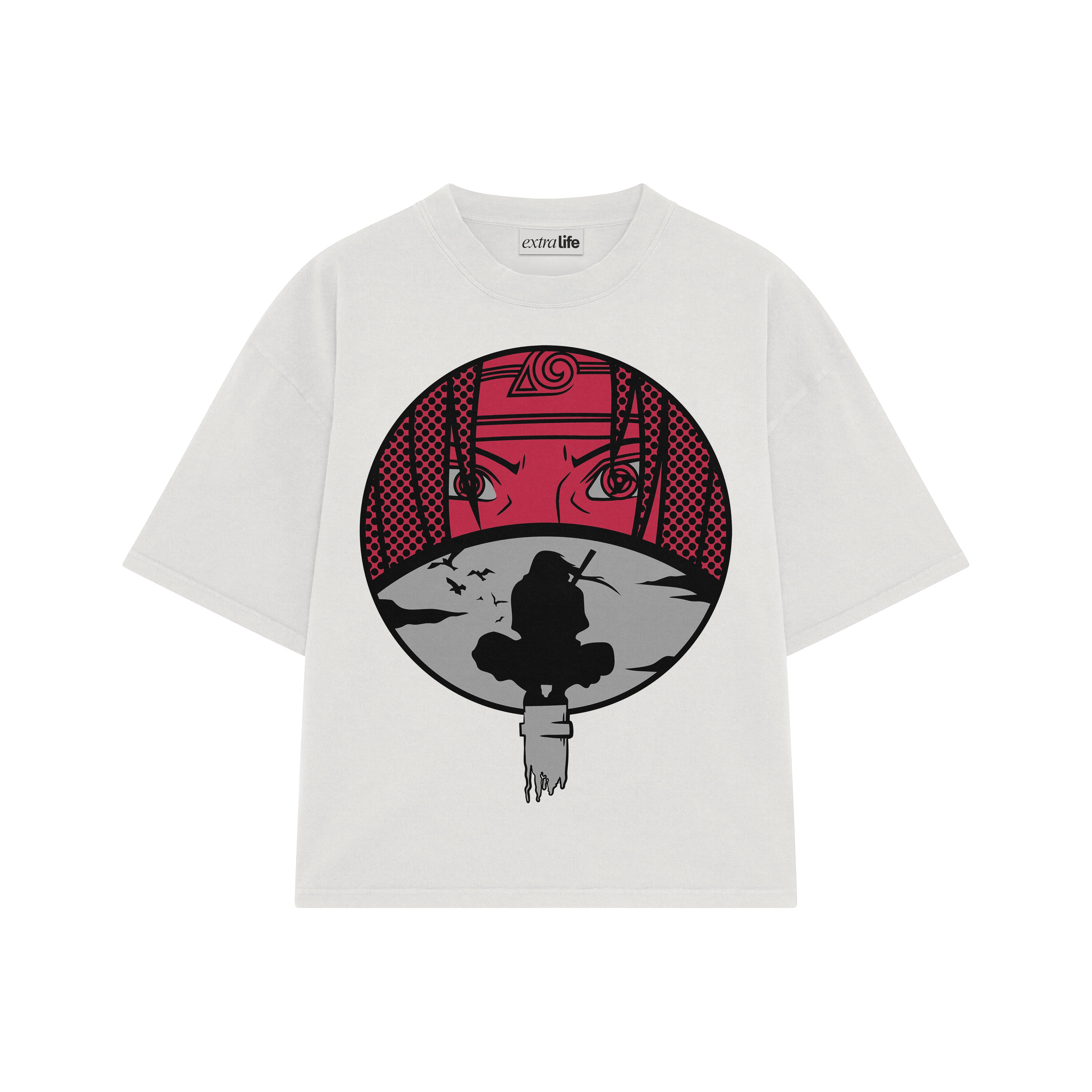 Playera streetwear premium de anime y gaming ExtraLife MX, corte boxy oversized drop shoulder heavyweight en color Deep Black y Off-White, moda urbana mexicana de culto.