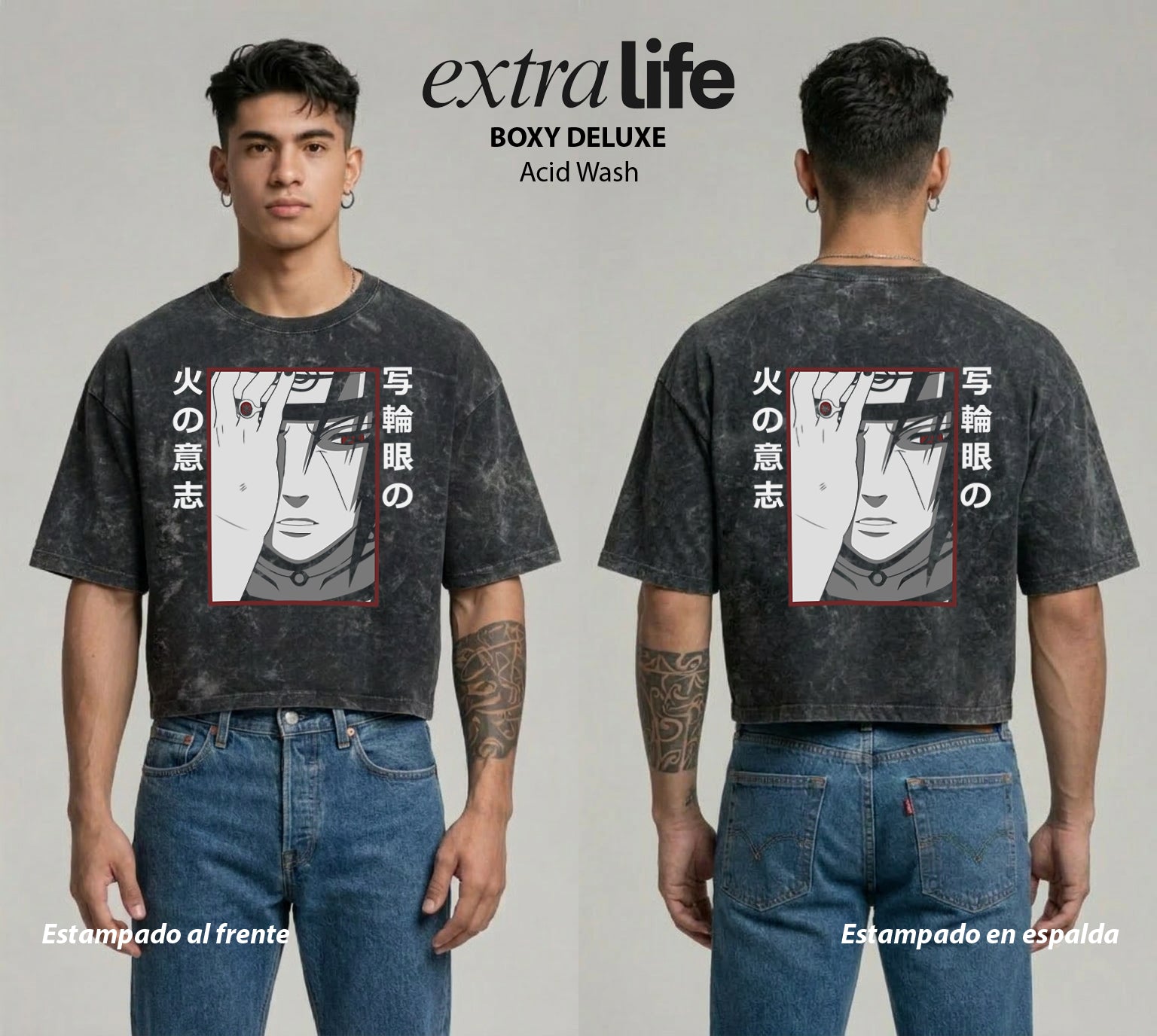Playera streetwear premium de anime y gaming ExtraLife MX, corte boxy deluxe mineral wash heavyweight en color Acid Wash, moda urbana mexicana de culto.