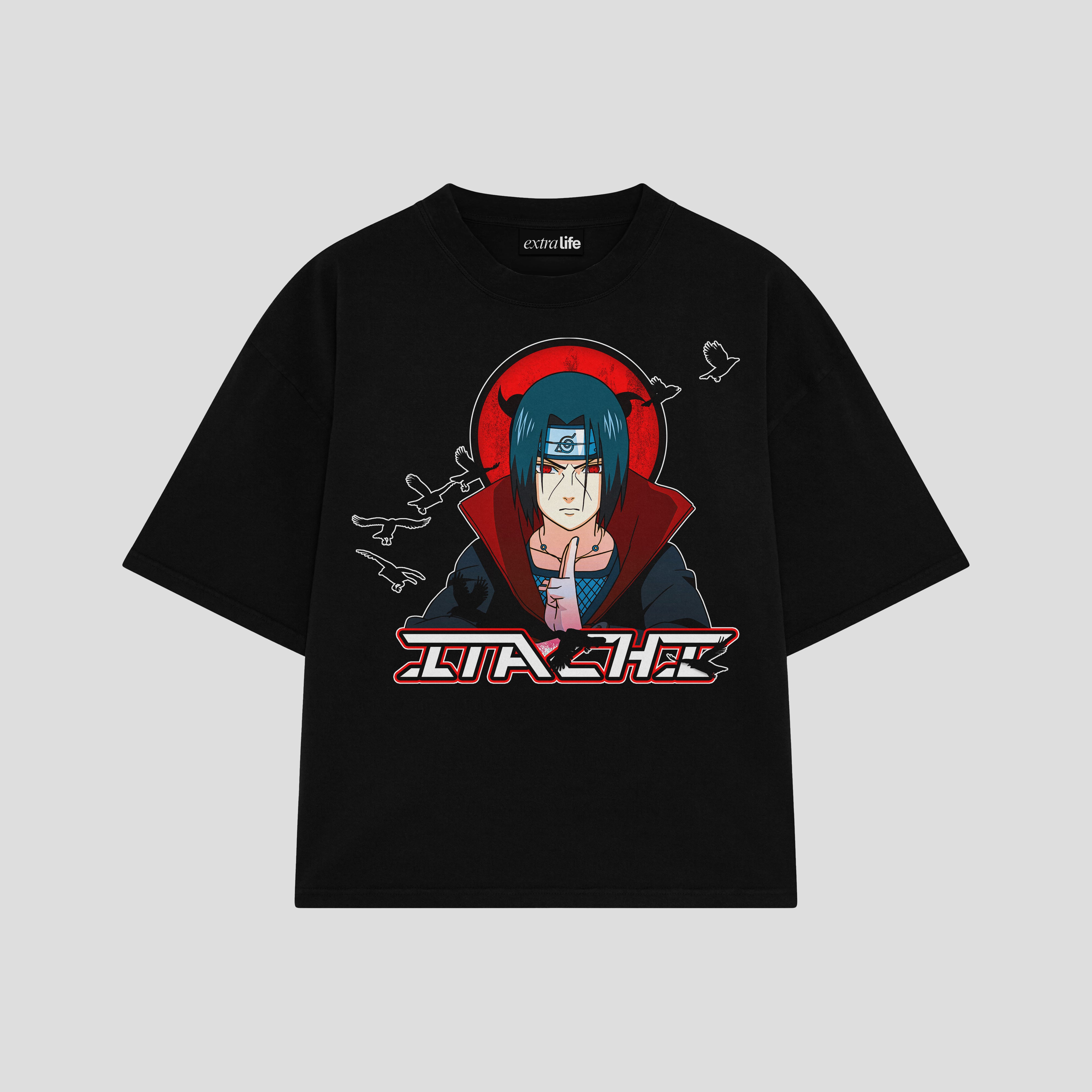 Playera streetwear premium de anime y gaming ExtraLife MX, corte boxy oversized drop shoulder heavyweight en color Deep Black y Off-White, moda urbana mexicana de culto.