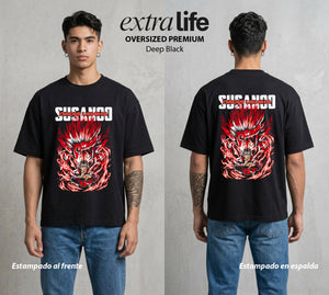 La Aldea Oculta | Zorro de Nueve Colas #02793 - Playera Oversized Premium | Deep Black - Foto en modelo