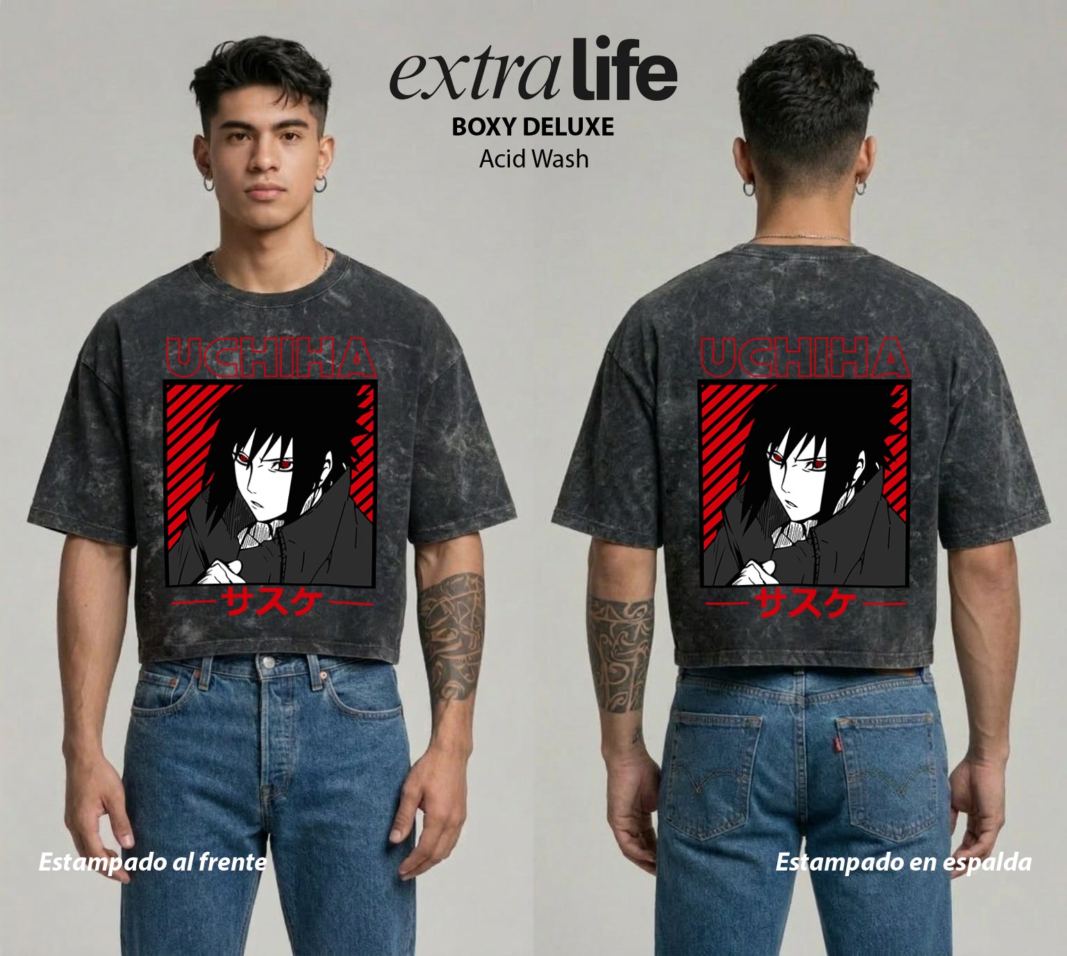 Playera streetwear premium de anime y gaming ExtraLife MX, corte boxy deluxe mineral wash heavyweight en color Acid Wash, moda urbana mexicana de culto.