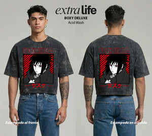 Playera streetwear premium de anime y gaming ExtraLife MX, corte boxy deluxe mineral wash heavyweight en color Acid Wash, moda urbana mexicana de culto.