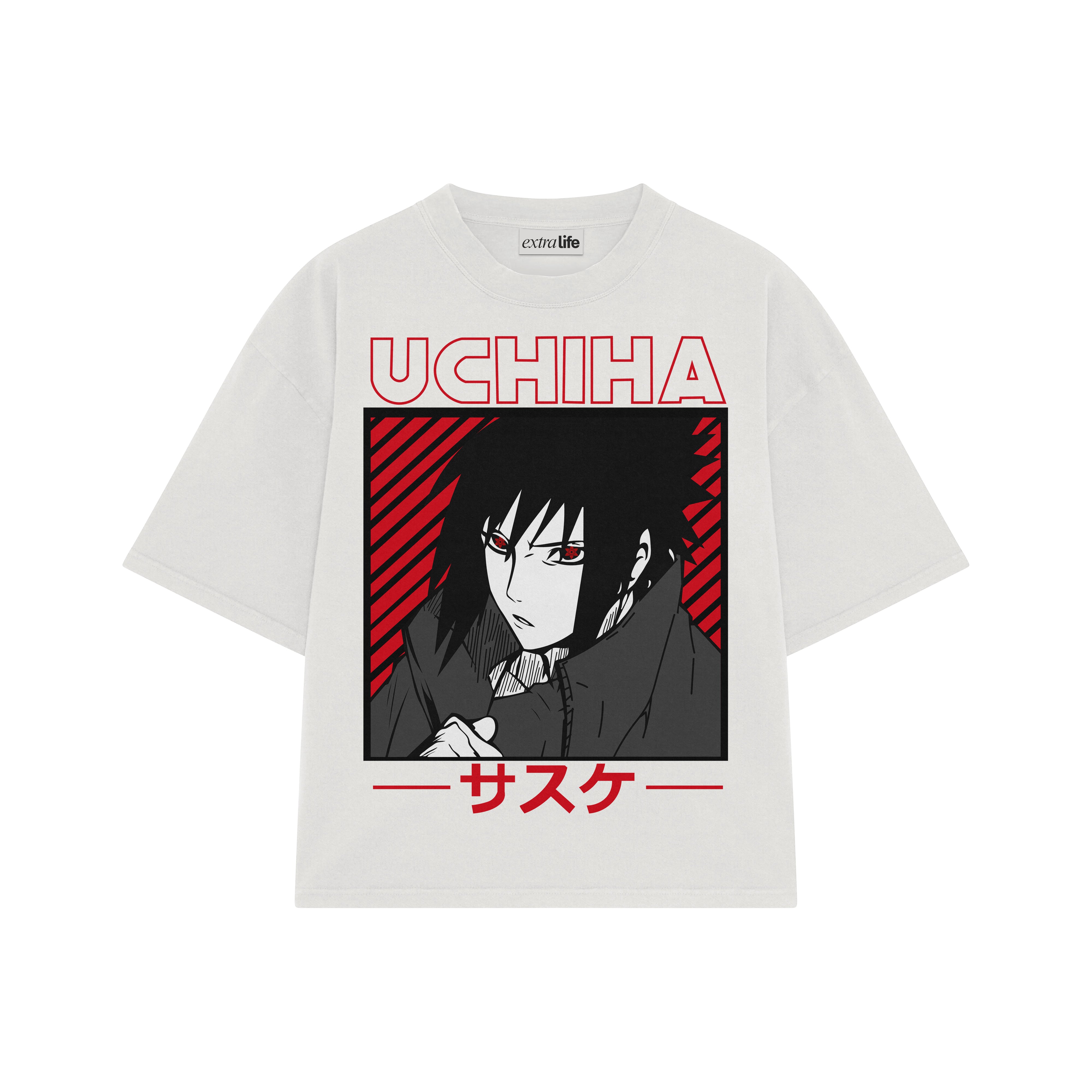 Playera streetwear premium de anime y gaming ExtraLife MX, corte boxy oversized drop shoulder heavyweight en color Deep Black y Off-White, moda urbana mexicana de culto.