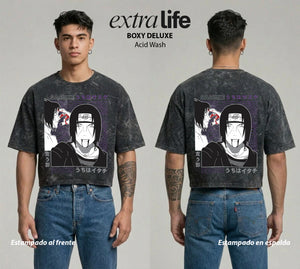 Playera streetwear premium de anime y gaming ExtraLife MX, corte boxy deluxe mineral wash heavyweight en color Acid Wash, moda urbana mexicana de culto.