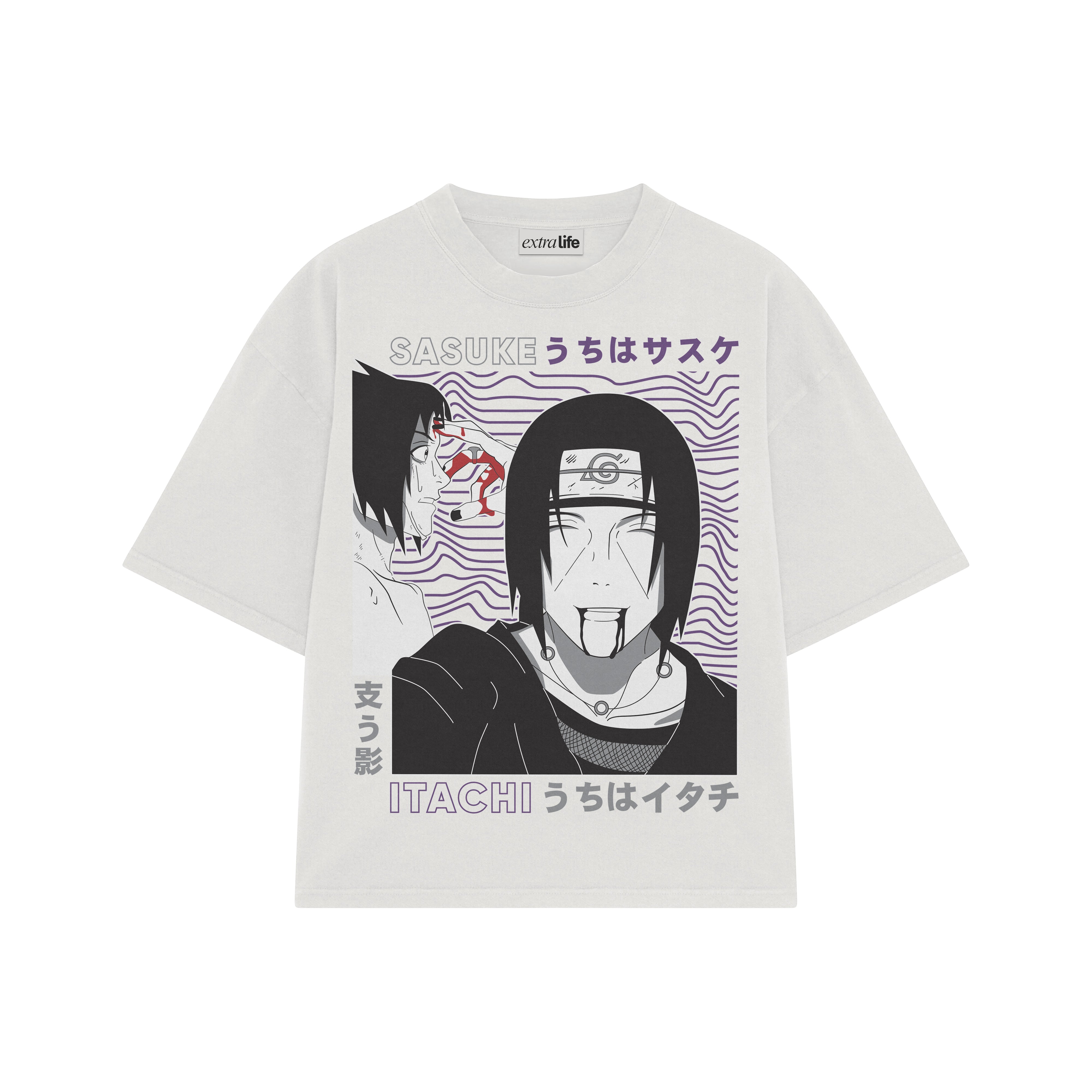 Playera streetwear premium de anime y gaming ExtraLife MX, corte boxy oversized drop shoulder heavyweight en color Deep Black y Off-White, moda urbana mexicana de culto.