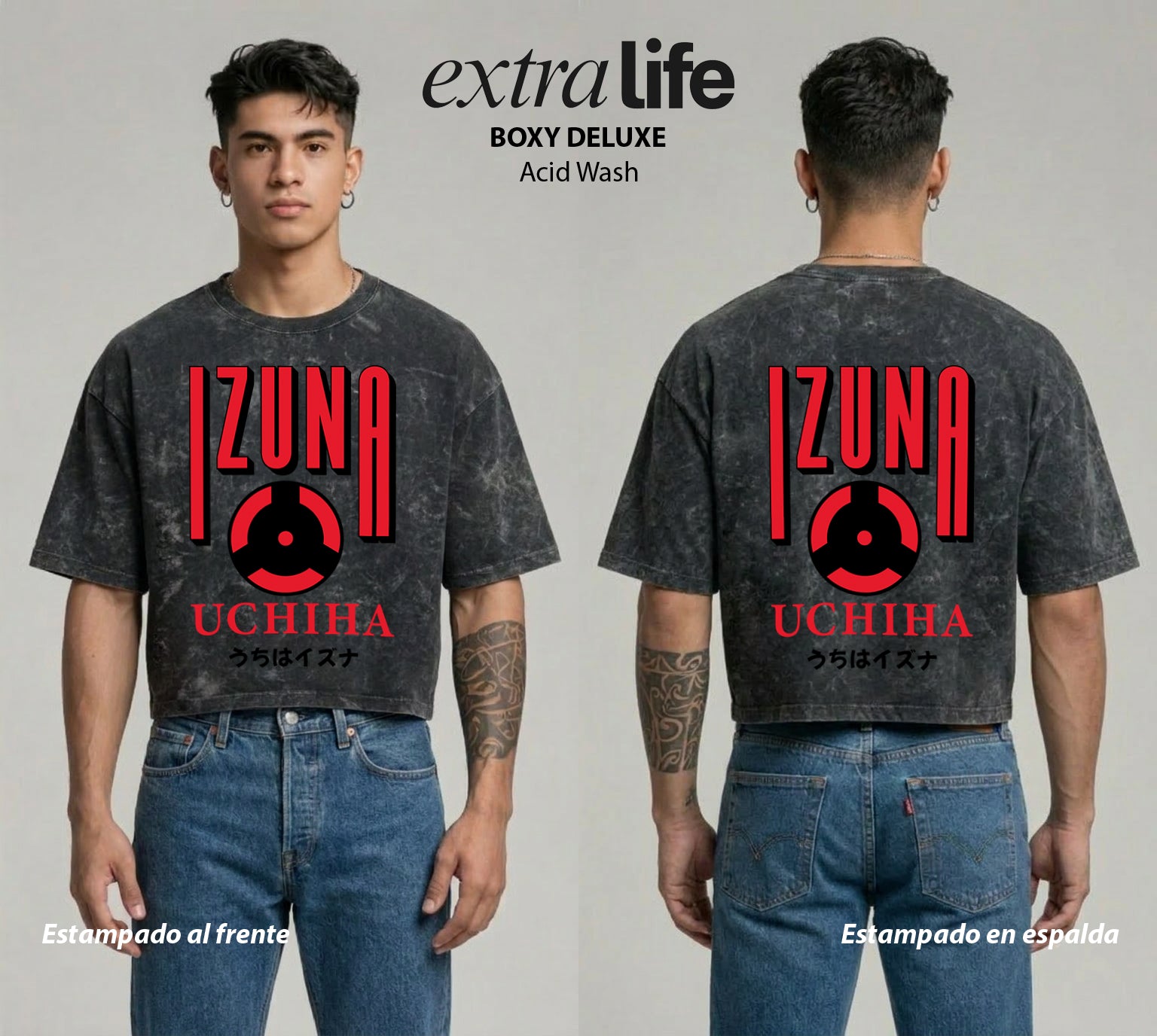Playera streetwear premium de anime y gaming ExtraLife MX, corte boxy deluxe mineral wash heavyweight en color Acid Wash, moda urbana mexicana de culto.