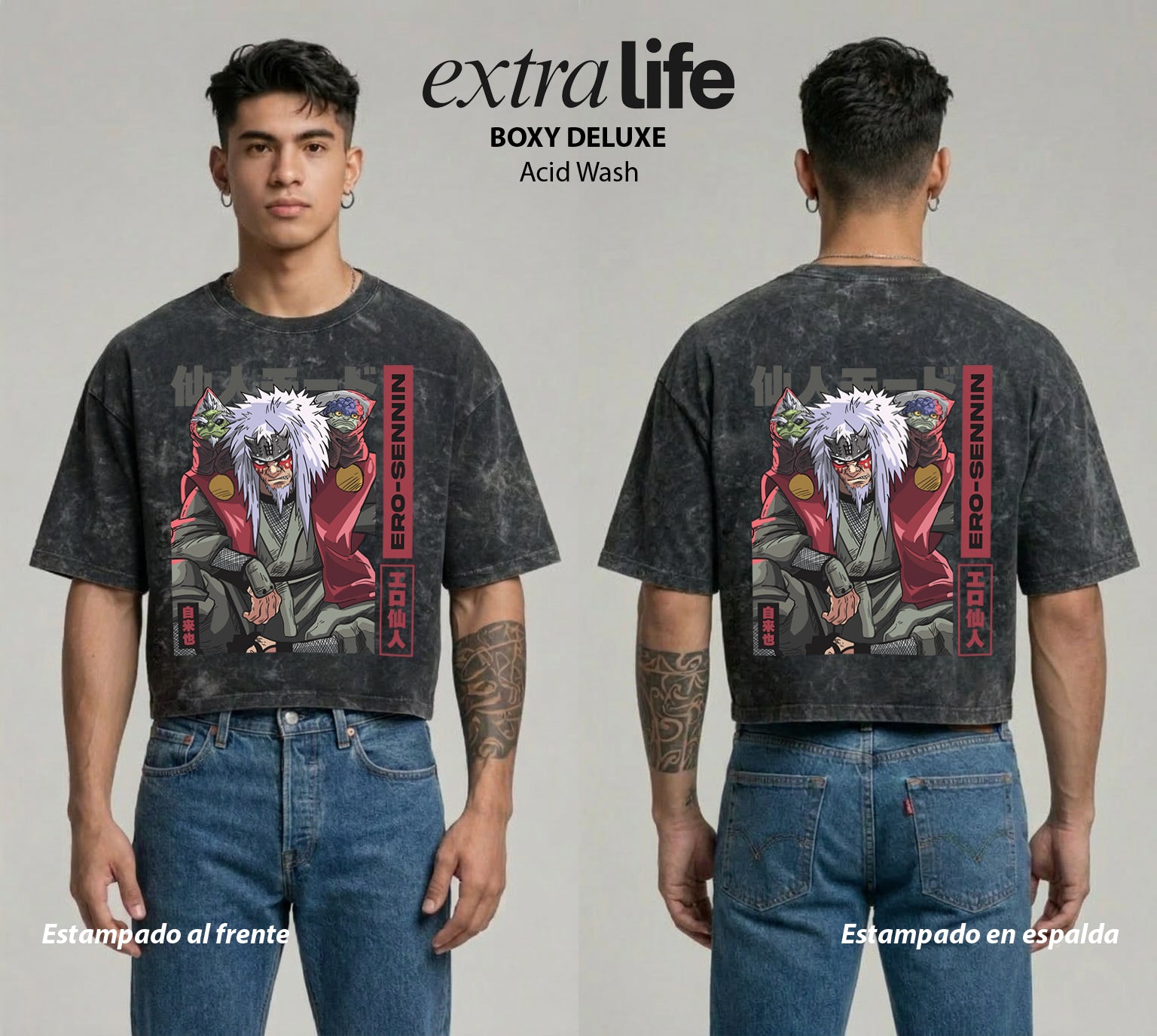 Playera streetwear premium de anime y gaming ExtraLife MX, corte boxy deluxe mineral wash heavyweight en color Acid Wash, moda urbana mexicana de culto.