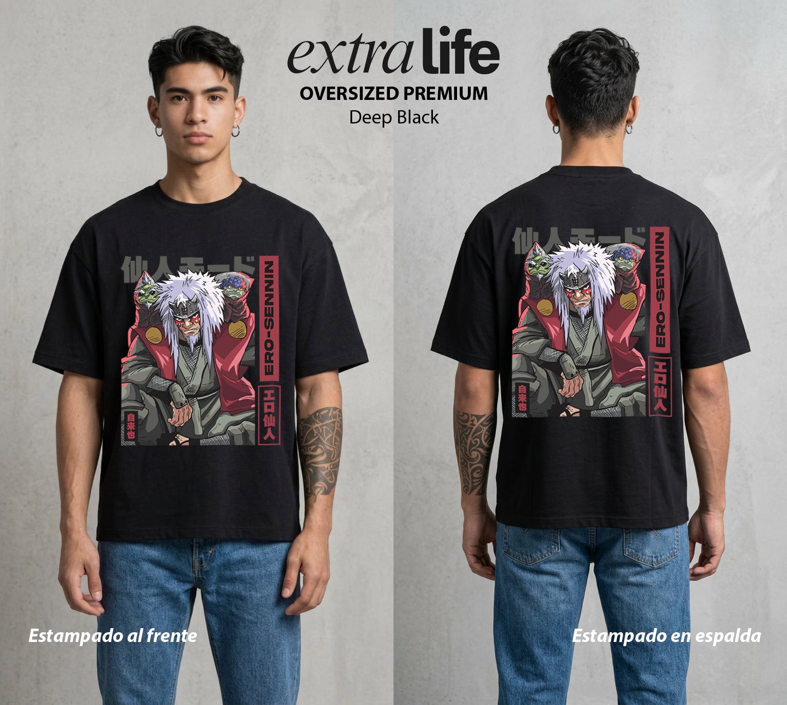 La Aldea Oculta | Zorro de Nueve Colas #02798 - Playera Oversized Premium | Deep Black - Foto en modelo