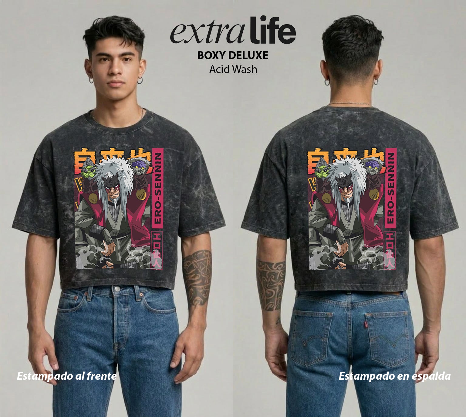 Playera streetwear premium de anime y gaming ExtraLife MX, corte boxy deluxe mineral wash heavyweight en color Acid Wash, moda urbana mexicana de culto.