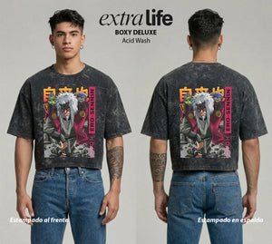 Playera streetwear premium de anime y gaming ExtraLife MX, corte boxy deluxe mineral wash heavyweight en color Acid Wash, moda urbana mexicana de culto.