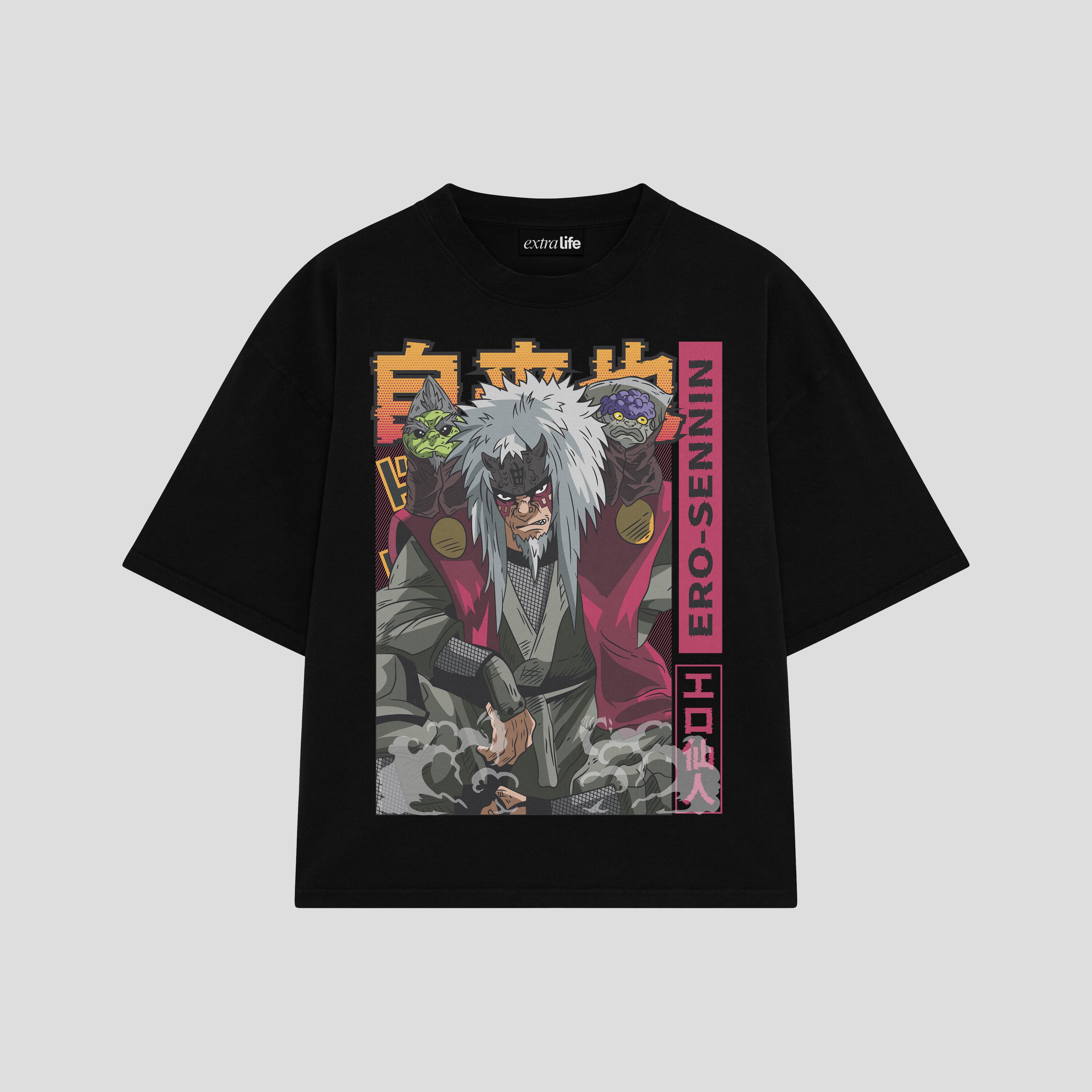 Playera streetwear premium de anime y gaming ExtraLife MX, corte boxy oversized drop shoulder heavyweight en color Deep Black y Off-White, moda urbana mexicana de culto.