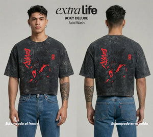 Playera streetwear premium de anime y gaming ExtraLife MX, corte boxy deluxe mineral wash heavyweight en color Acid Wash, moda urbana mexicana de culto.