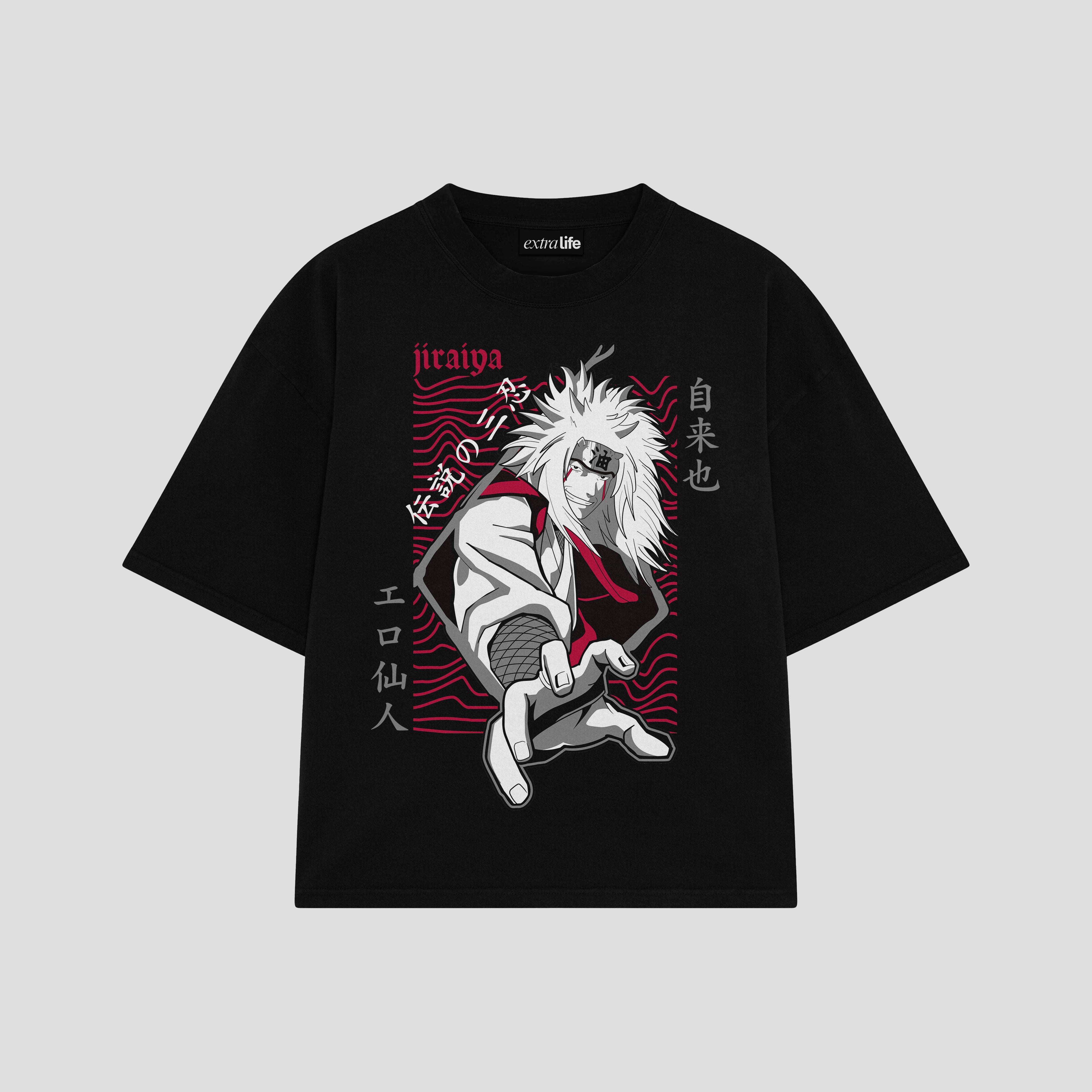 Playera streetwear premium de anime y gaming ExtraLife MX, corte boxy oversized drop shoulder heavyweight en color Deep Black y Off-White, moda urbana mexicana de culto.