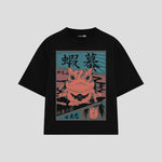 Playera streetwear premium de anime y gaming ExtraLife MX, corte boxy oversized drop shoulder heavyweight en color Deep Black y Off-White, moda urbana mexicana de culto.