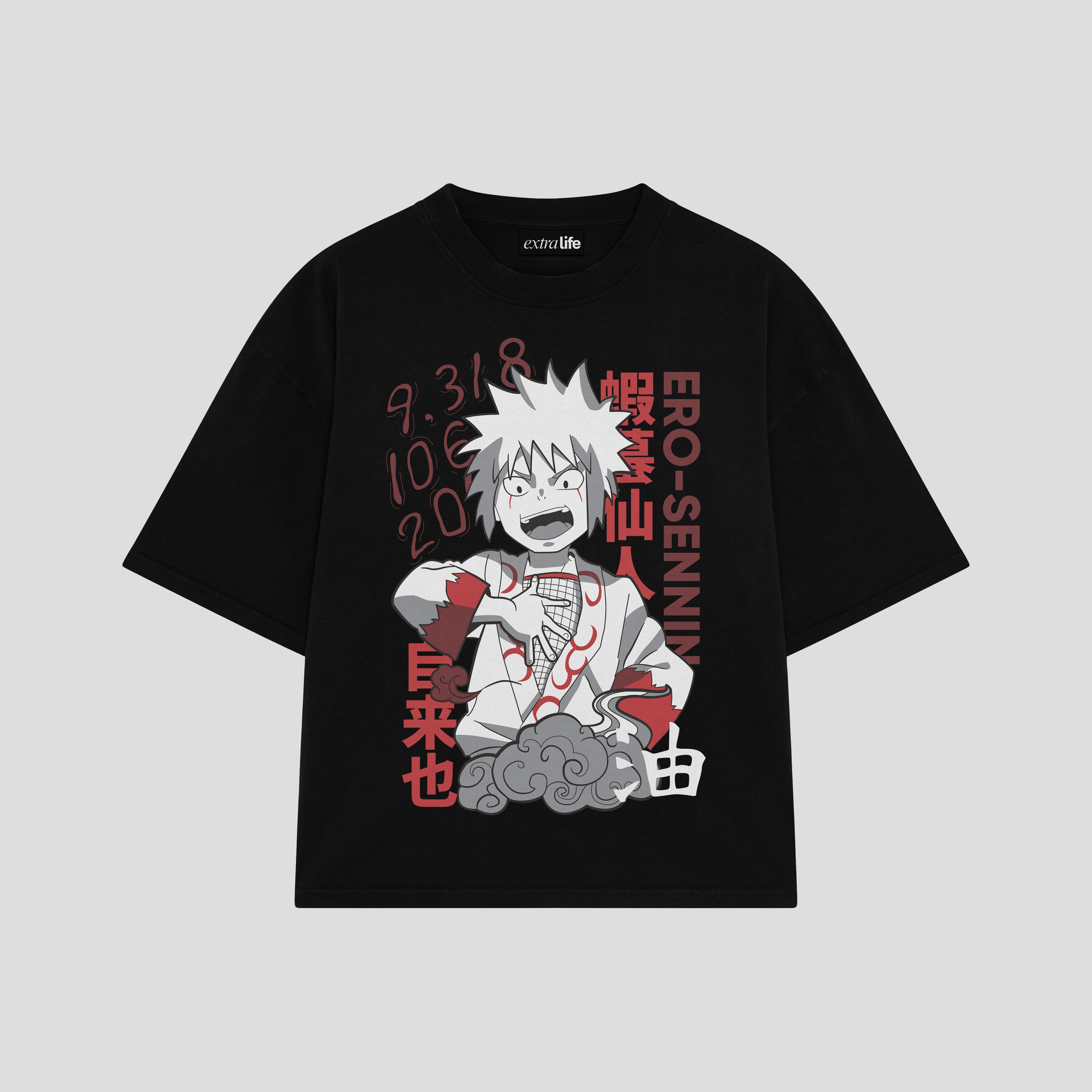 Playera streetwear premium de anime y gaming ExtraLife MX, corte boxy oversized drop shoulder heavyweight en color Deep Black y Off-White, moda urbana mexicana de culto.