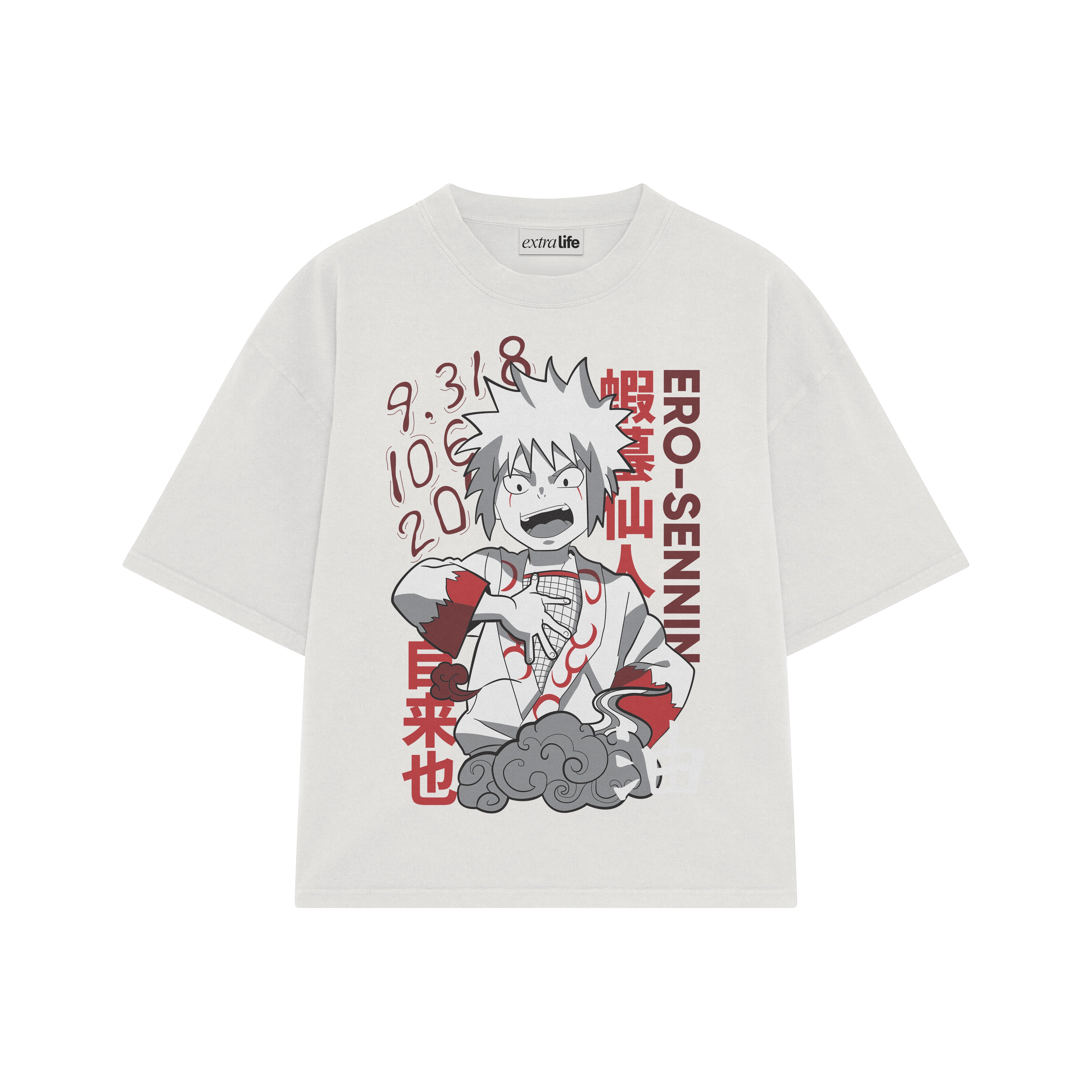 Playera streetwear premium de anime y gaming ExtraLife MX, corte boxy oversized drop shoulder heavyweight en color Deep Black y Off-White, moda urbana mexicana de culto.