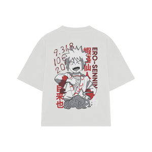 Playera streetwear premium de anime y gaming ExtraLife MX, corte boxy oversized drop shoulder heavyweight en color Deep Black y Off-White, moda urbana mexicana de culto.