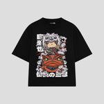 Playera streetwear premium de anime y gaming ExtraLife MX, corte boxy oversized drop shoulder heavyweight en color Deep Black y Off-White, moda urbana mexicana de culto.