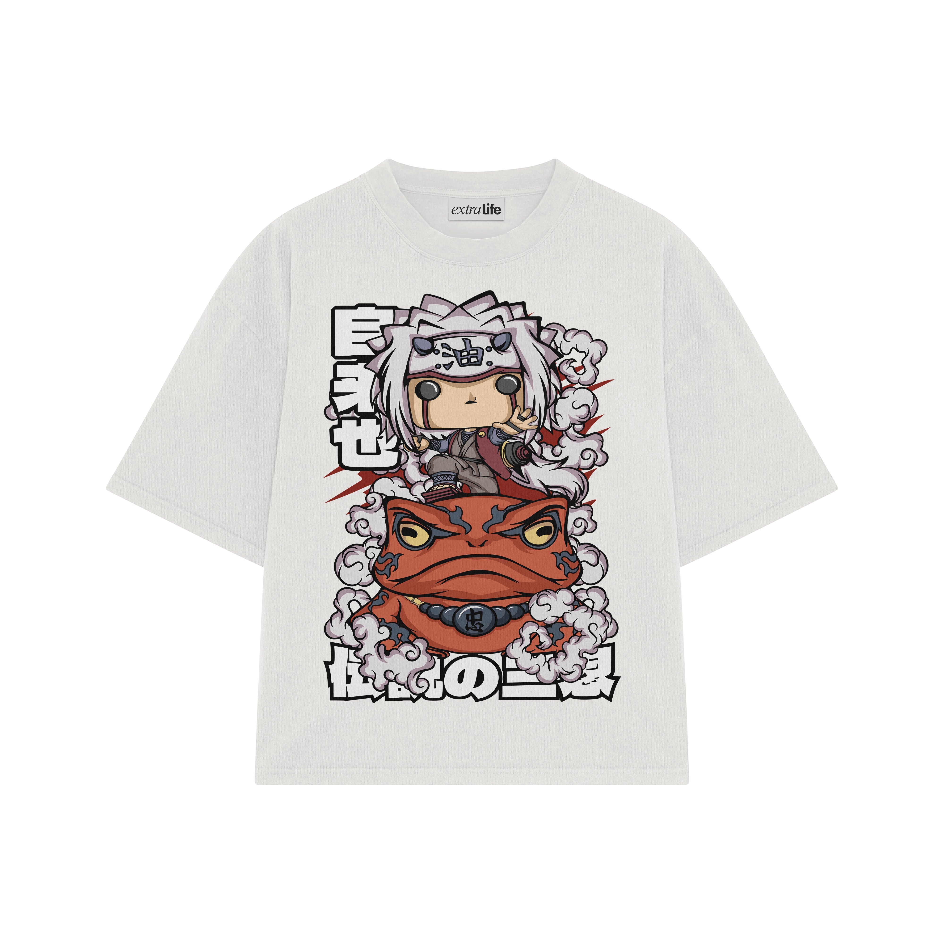 Playera streetwear premium de anime y gaming ExtraLife MX, corte boxy oversized drop shoulder heavyweight en color Deep Black y Off-White, moda urbana mexicana de culto.