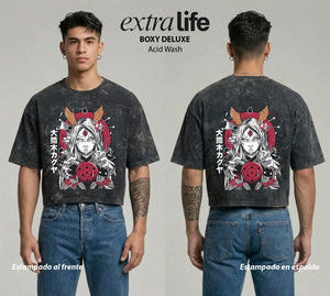 Playera streetwear premium de anime y gaming ExtraLife MX, corte boxy deluxe mineral wash heavyweight en color Acid Wash, moda urbana mexicana de culto.