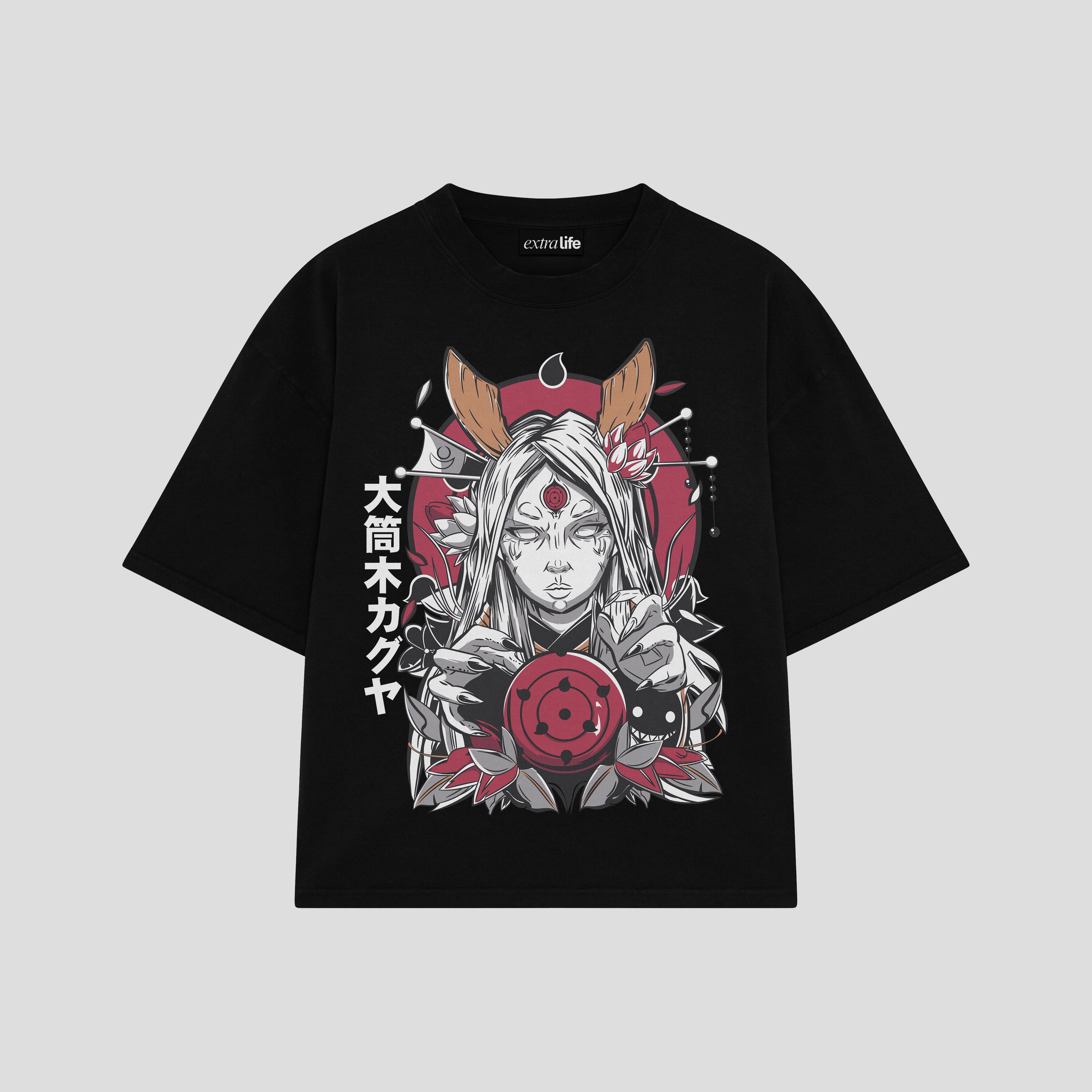 Playera streetwear premium de anime y gaming ExtraLife MX, corte boxy oversized drop shoulder heavyweight en color Deep Black y Off-White, moda urbana mexicana de culto.