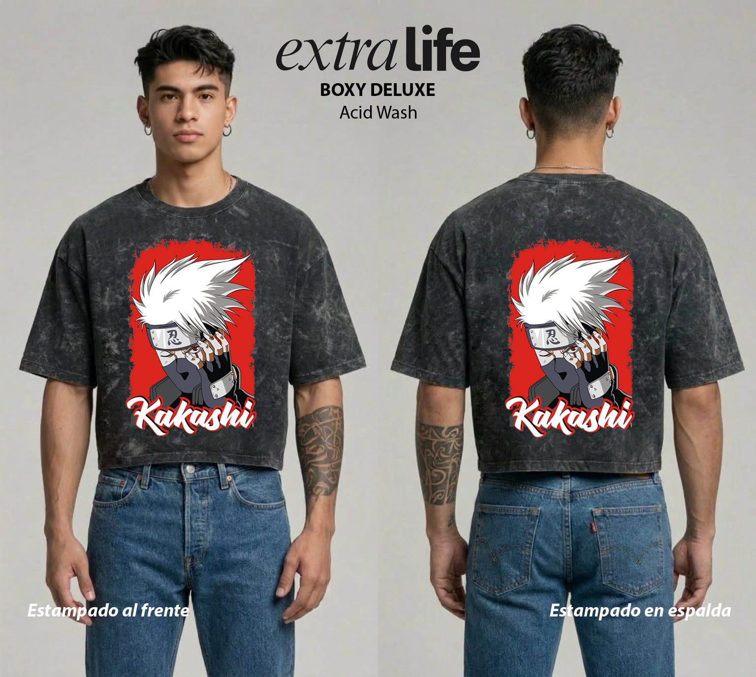 Playera streetwear premium de anime y gaming ExtraLife MX, corte boxy deluxe mineral wash heavyweight en color Acid Wash, moda urbana mexicana de culto.