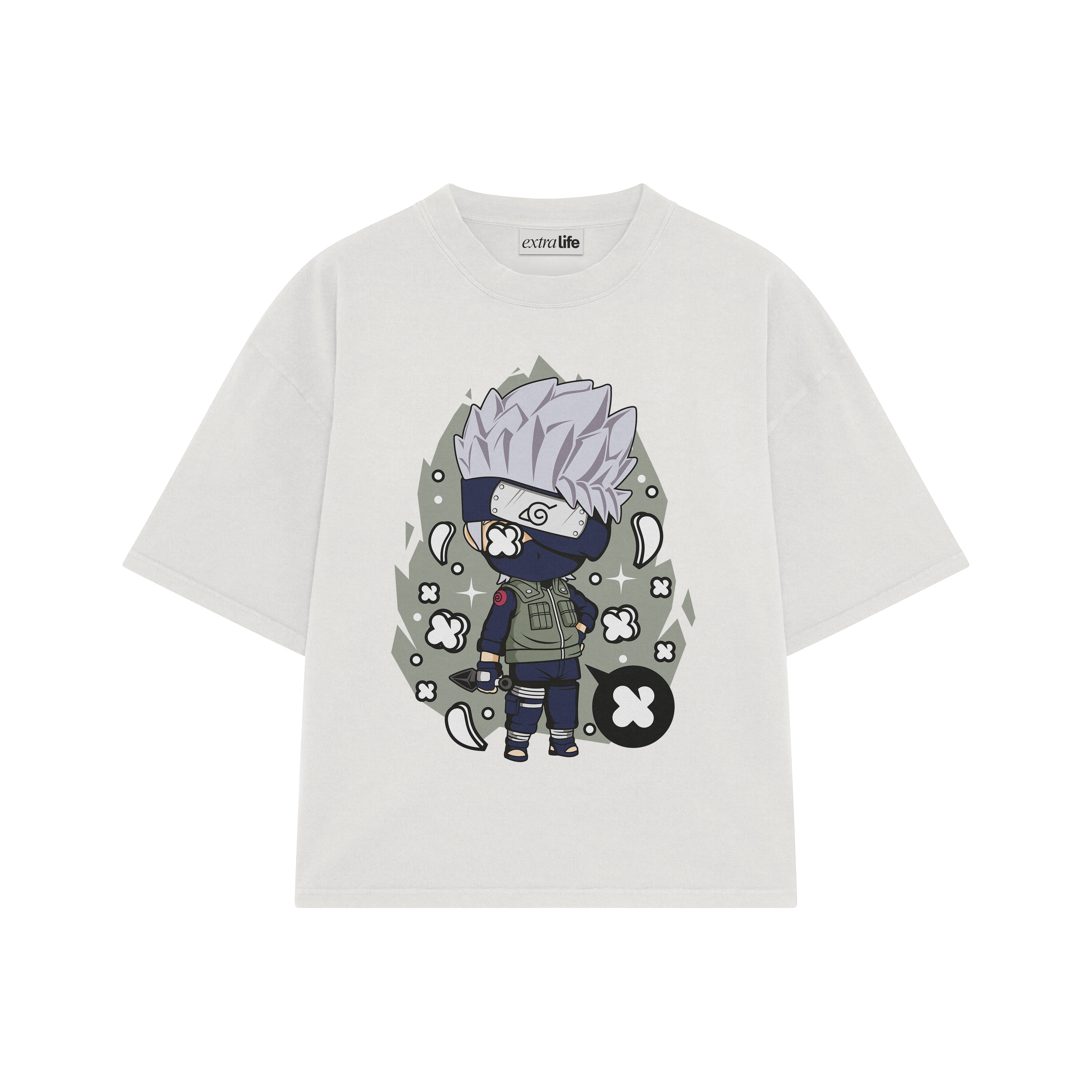 Playera streetwear premium de anime y gaming ExtraLife MX, corte boxy oversized drop shoulder heavyweight en color Deep Black y Off-White, moda urbana mexicana de culto.