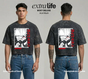Playera streetwear premium de anime y gaming ExtraLife MX, corte boxy deluxe mineral wash heavyweight en color Acid Wash, moda urbana mexicana de culto.