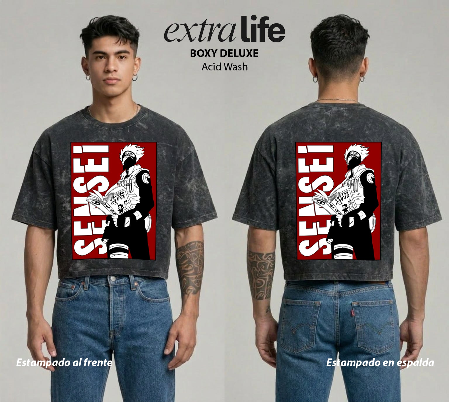 Playera streetwear premium de anime y gaming ExtraLife MX, corte boxy deluxe mineral wash heavyweight en color Acid Wash, moda urbana mexicana de culto.