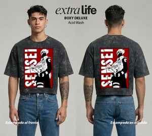 Playera streetwear premium de anime y gaming ExtraLife MX, corte boxy deluxe mineral wash heavyweight en color Acid Wash, moda urbana mexicana de culto.