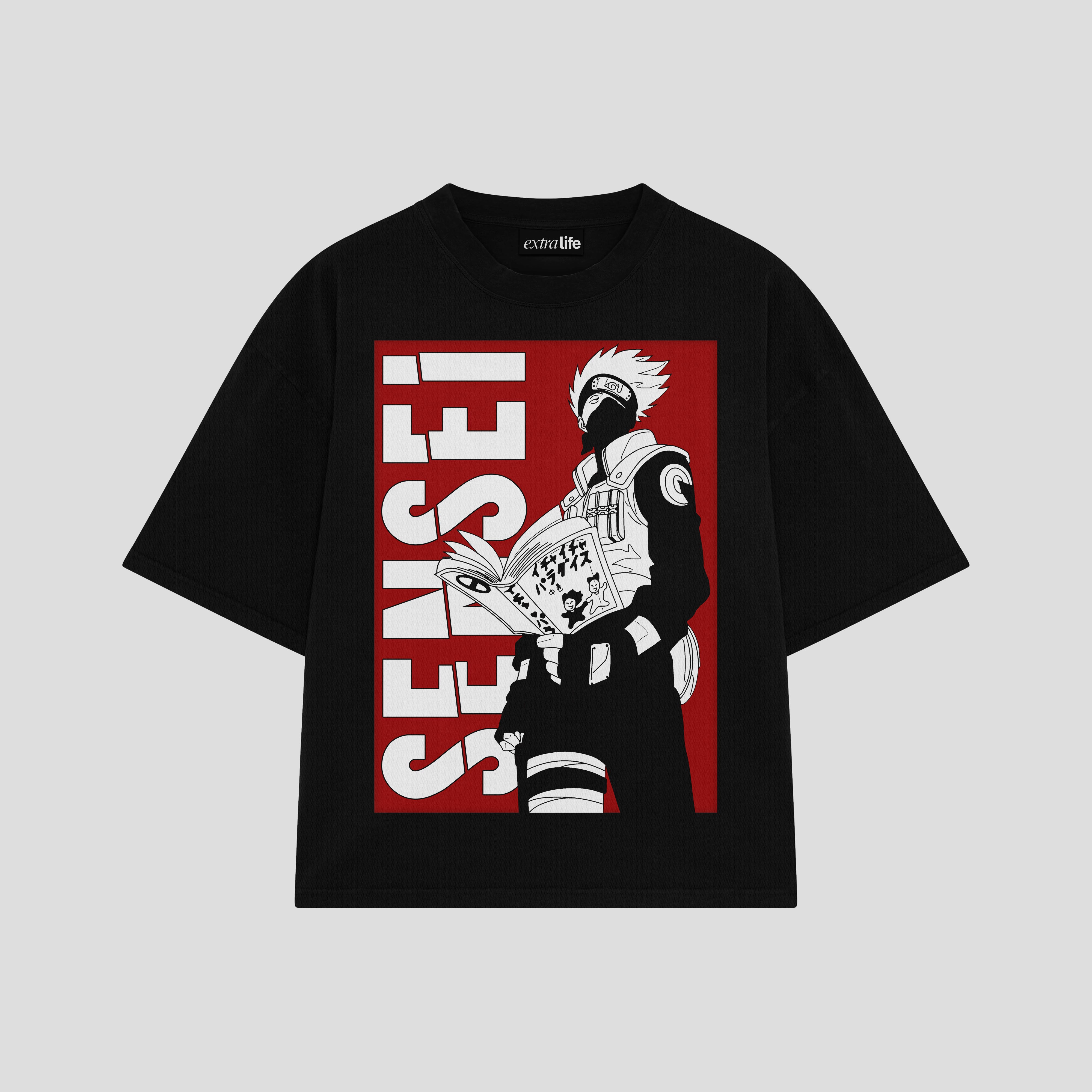 Playera streetwear premium de anime y gaming ExtraLife MX, corte boxy oversized drop shoulder heavyweight en color Deep Black y Off-White, moda urbana mexicana de culto.