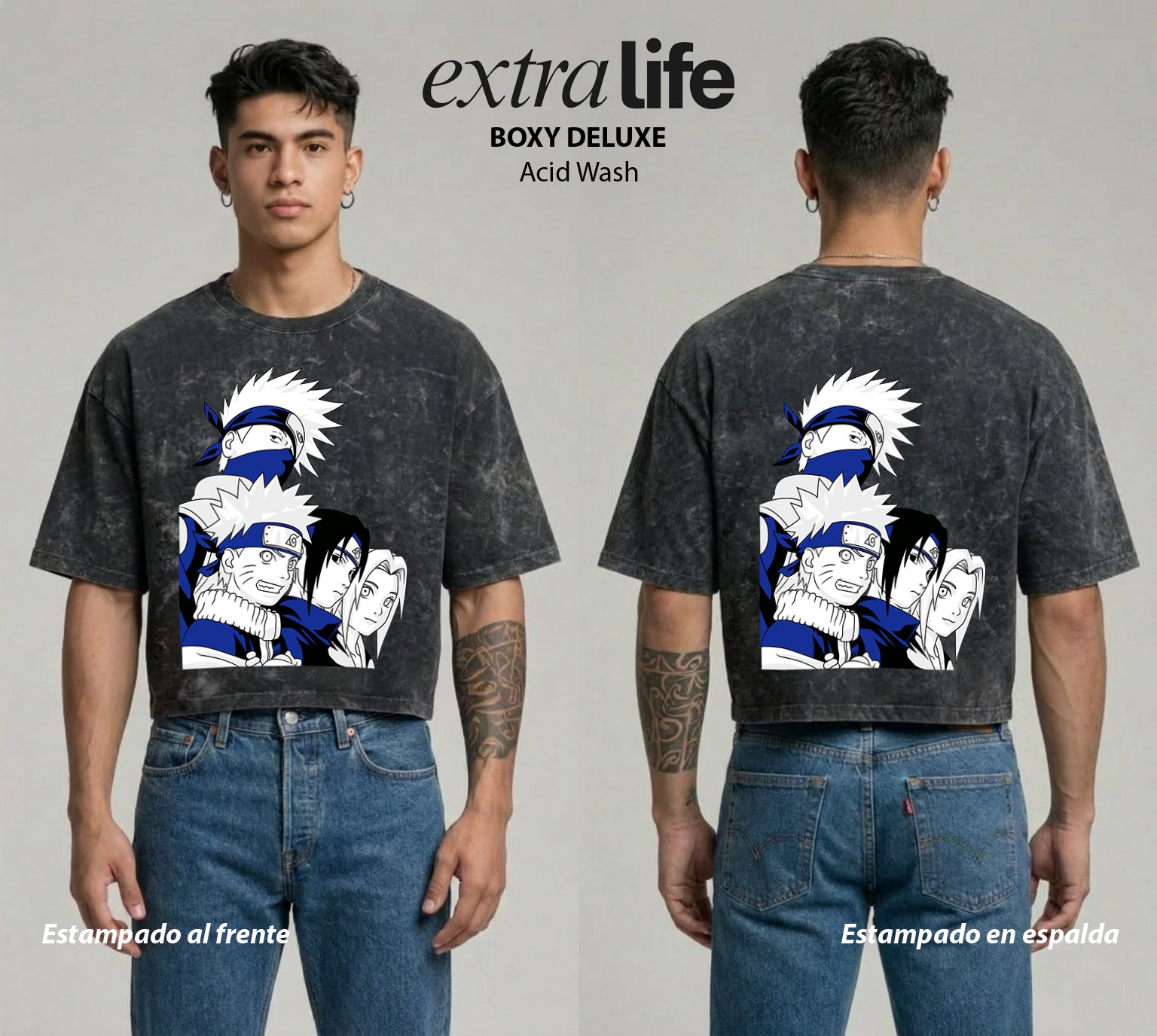 Playera streetwear premium de anime y gaming ExtraLife MX, corte boxy deluxe mineral wash heavyweight en color Acid Wash, moda urbana mexicana de culto.