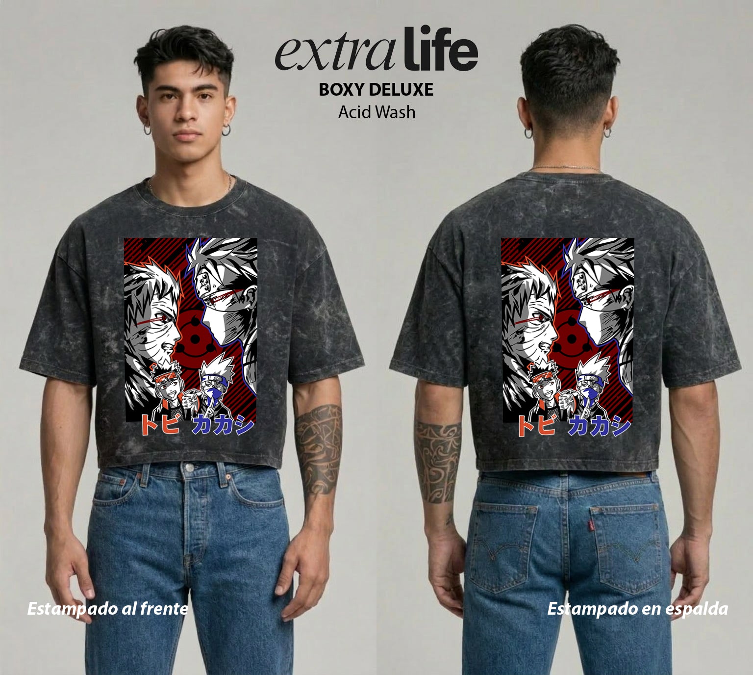 Playera streetwear premium de anime y gaming ExtraLife MX, corte boxy deluxe mineral wash heavyweight en color Acid Wash, moda urbana mexicana de culto.