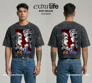 Playera streetwear premium de anime y gaming ExtraLife MX, corte boxy deluxe mineral wash heavyweight en color Acid Wash, moda urbana mexicana de culto.