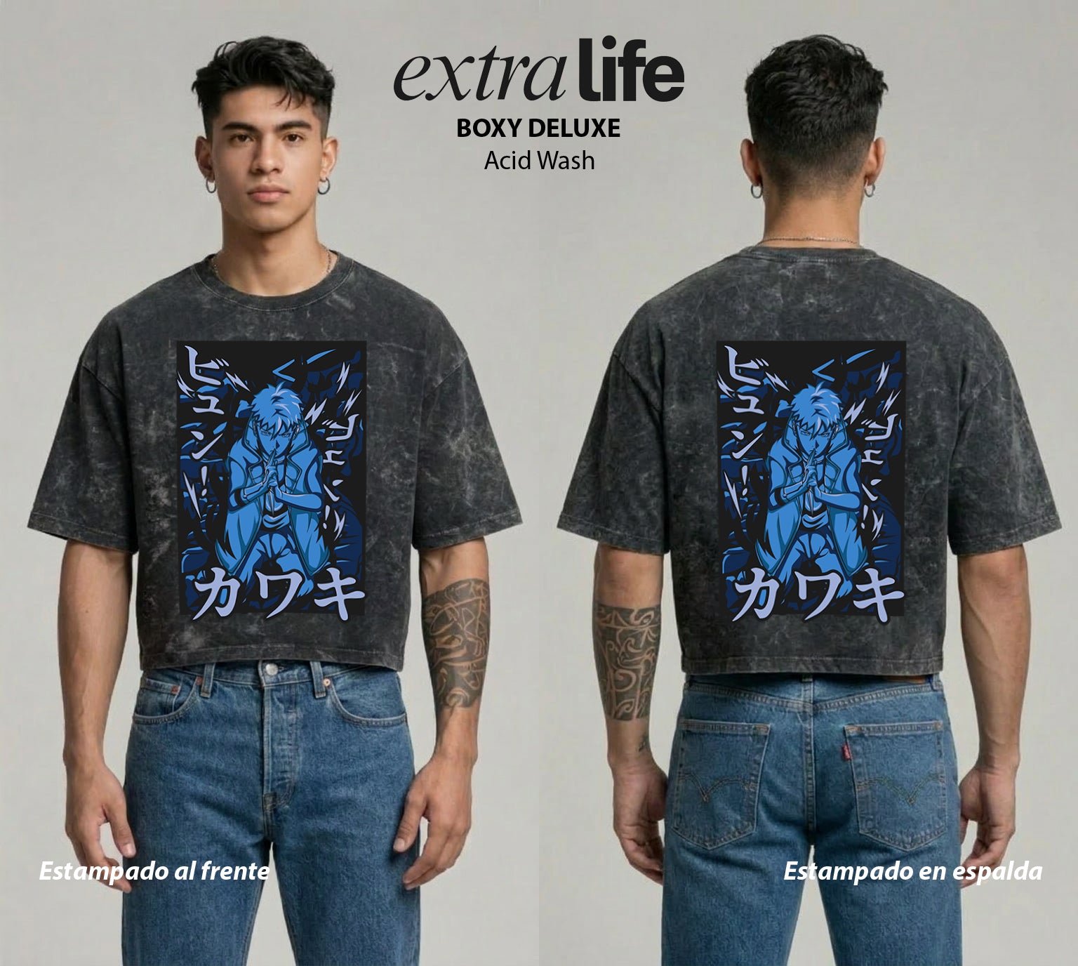 Playera streetwear premium de anime y gaming ExtraLife MX, corte boxy deluxe mineral wash heavyweight en color Acid Wash, moda urbana mexicana de culto.