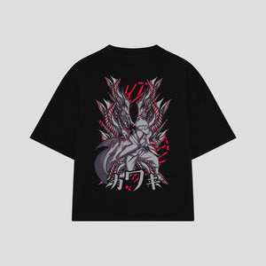 Playera streetwear premium de anime y gaming ExtraLife MX, corte boxy oversized drop shoulder heavyweight en color Deep Black y Off-White, moda urbana mexicana de culto.