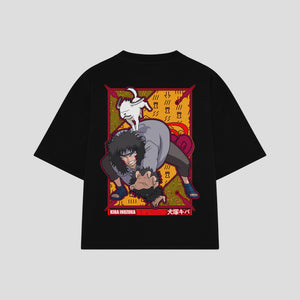 Playera streetwear premium de anime y gaming ExtraLife MX, corte boxy oversized drop shoulder heavyweight en color Deep Black y Off-White, moda urbana mexicana de culto.