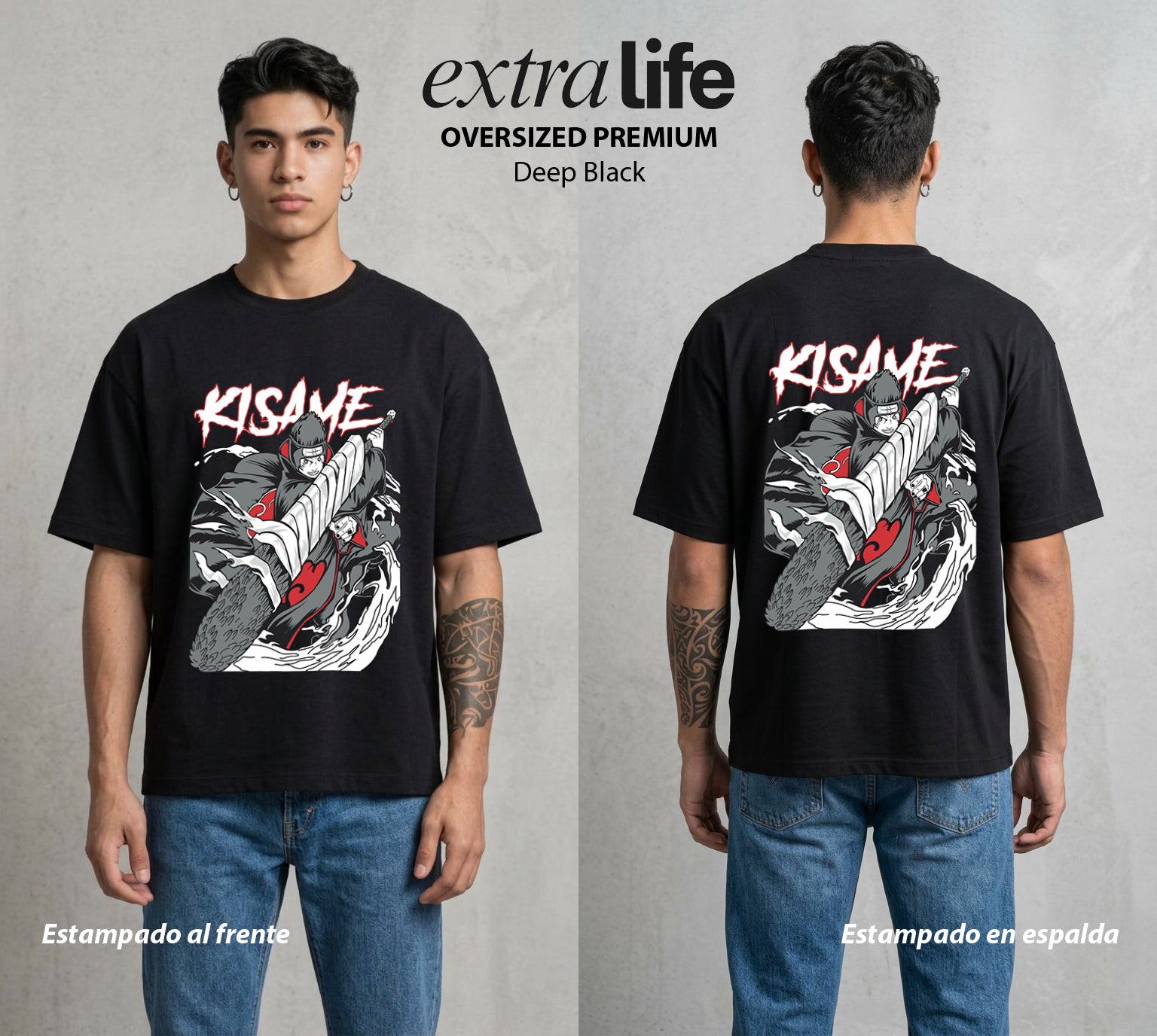 La Aldea Oculta | Zorro de Nueve Colas #02831 - Playera Oversized Premium | Deep Black - Foto en modelo