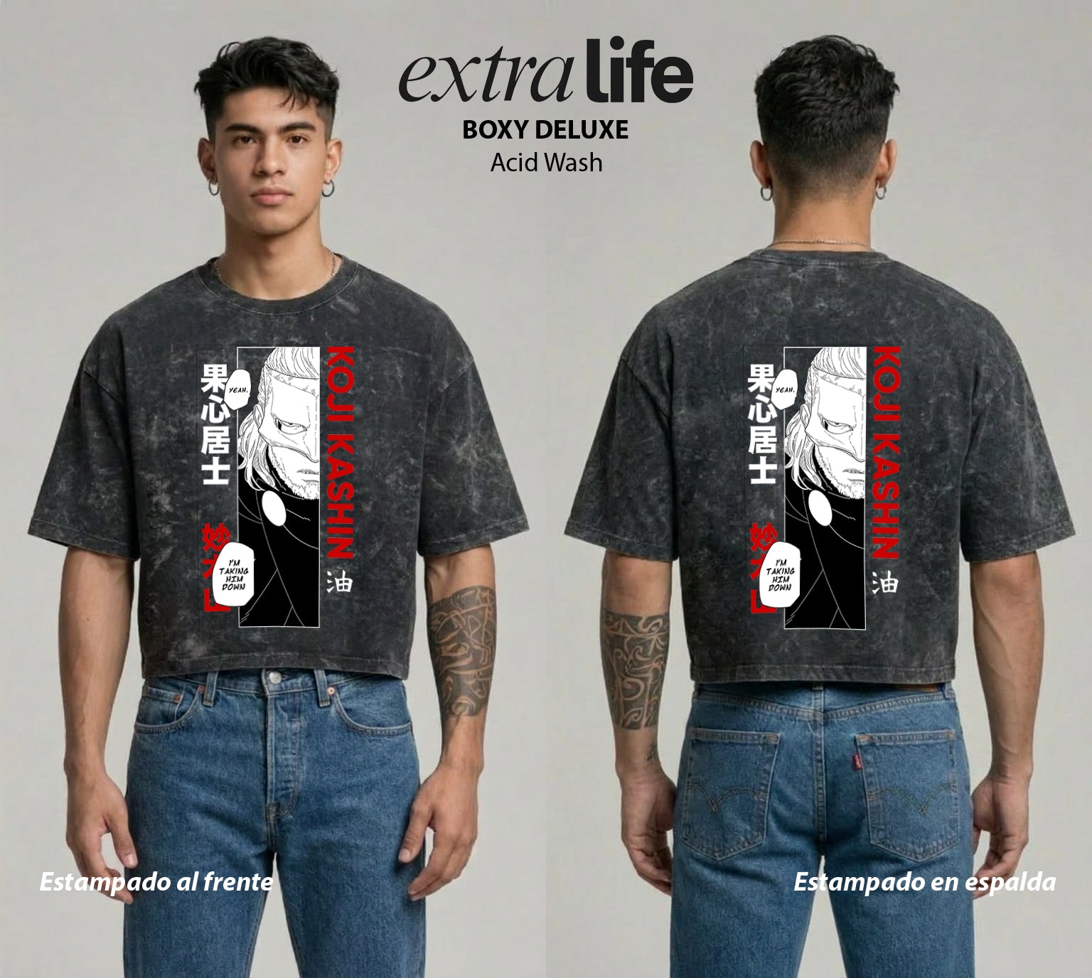 Playera streetwear premium de anime y gaming ExtraLife MX, corte boxy deluxe mineral wash heavyweight en color Acid Wash, moda urbana mexicana de culto.