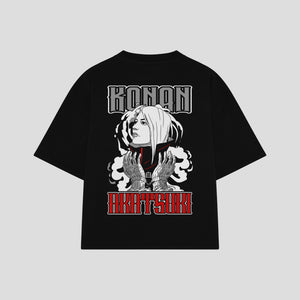 Playera streetwear premium de anime y gaming ExtraLife MX, corte boxy oversized drop shoulder heavyweight en color Deep Black y Off-White, moda urbana mexicana de culto.