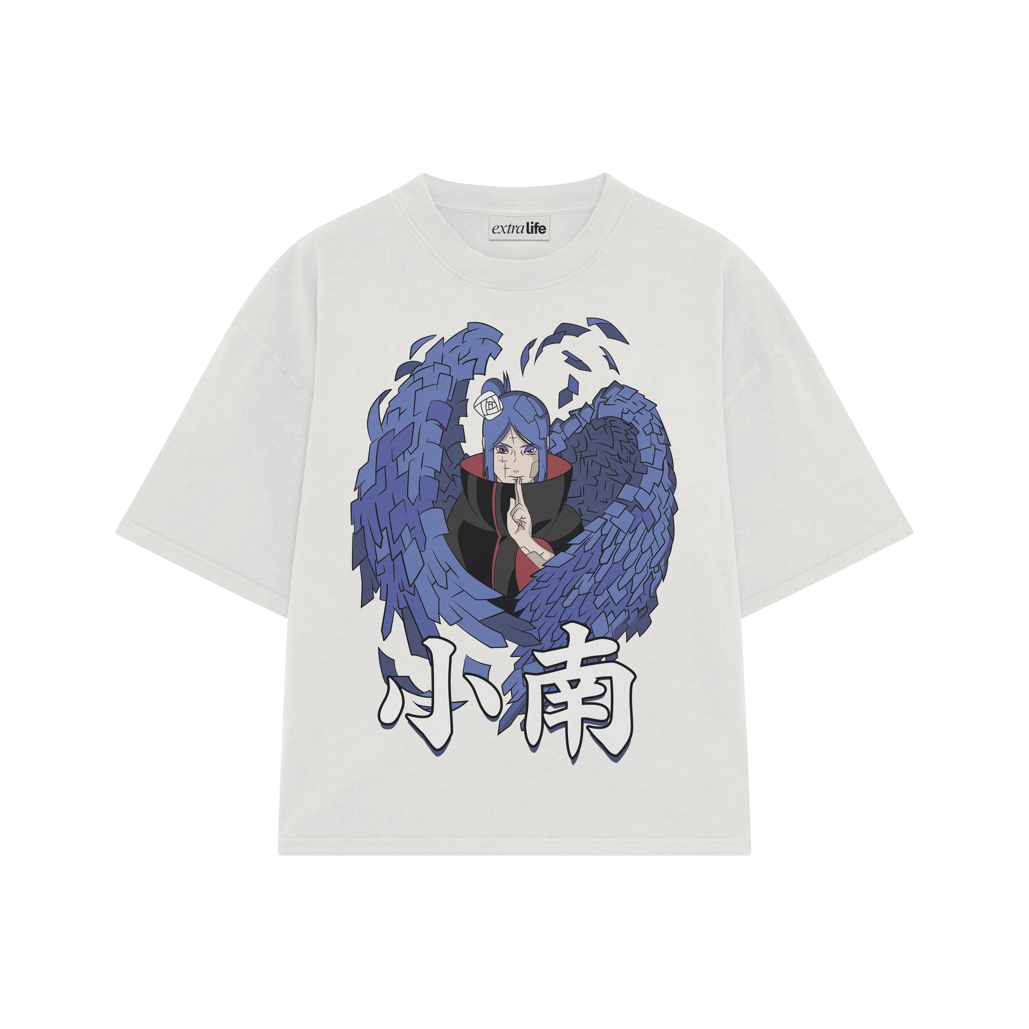 Playera streetwear premium de anime y gaming ExtraLife MX, corte boxy oversized drop shoulder heavyweight en color Deep Black y Off-White, moda urbana mexicana de culto.