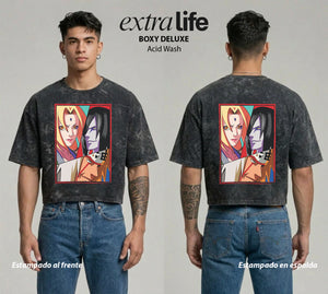 Playera streetwear premium de anime y gaming ExtraLife MX, corte boxy deluxe mineral wash heavyweight en color Acid Wash, moda urbana mexicana de culto.