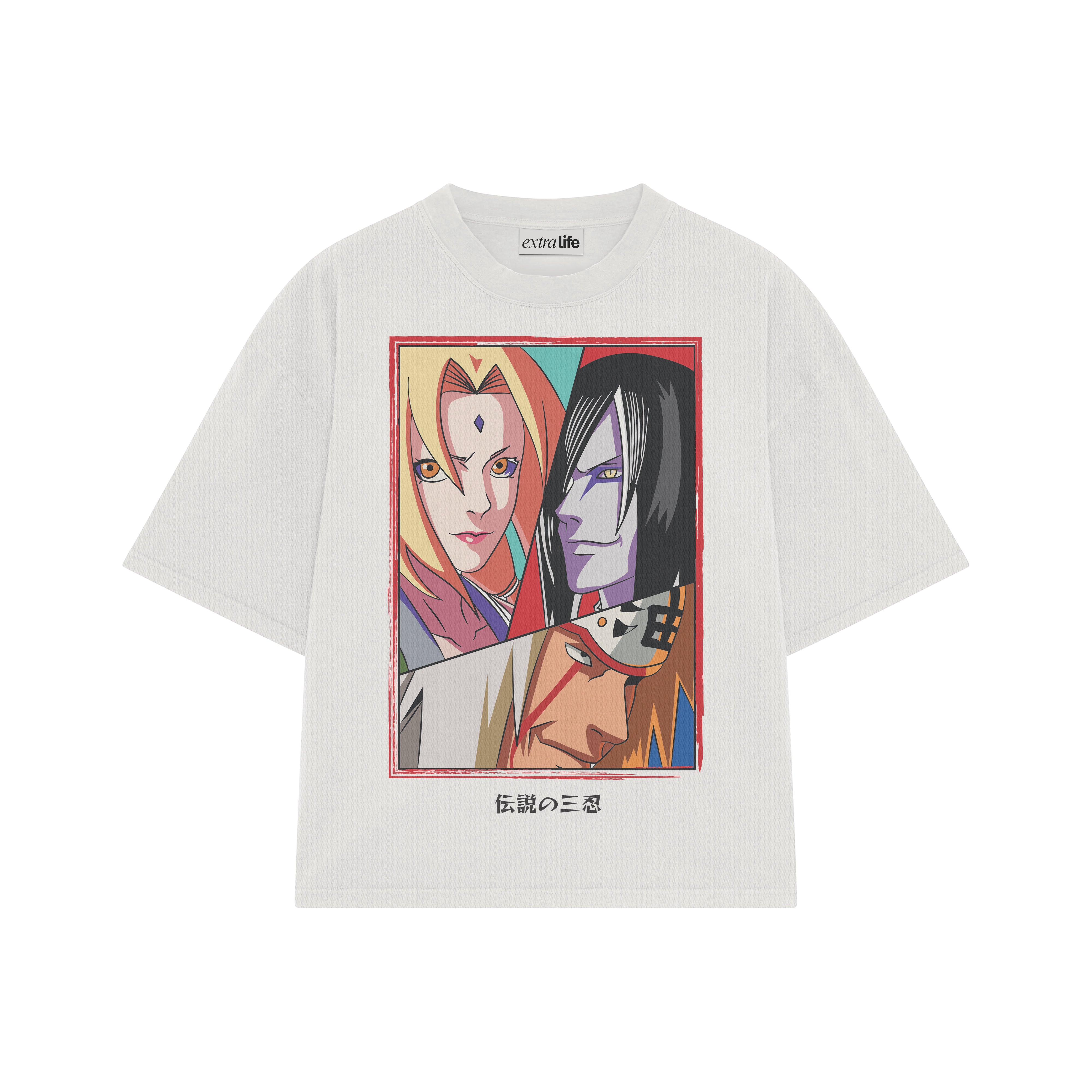 Playera streetwear premium de anime y gaming ExtraLife MX, corte boxy oversized drop shoulder heavyweight en color Deep Black y Off-White, moda urbana mexicana de culto.