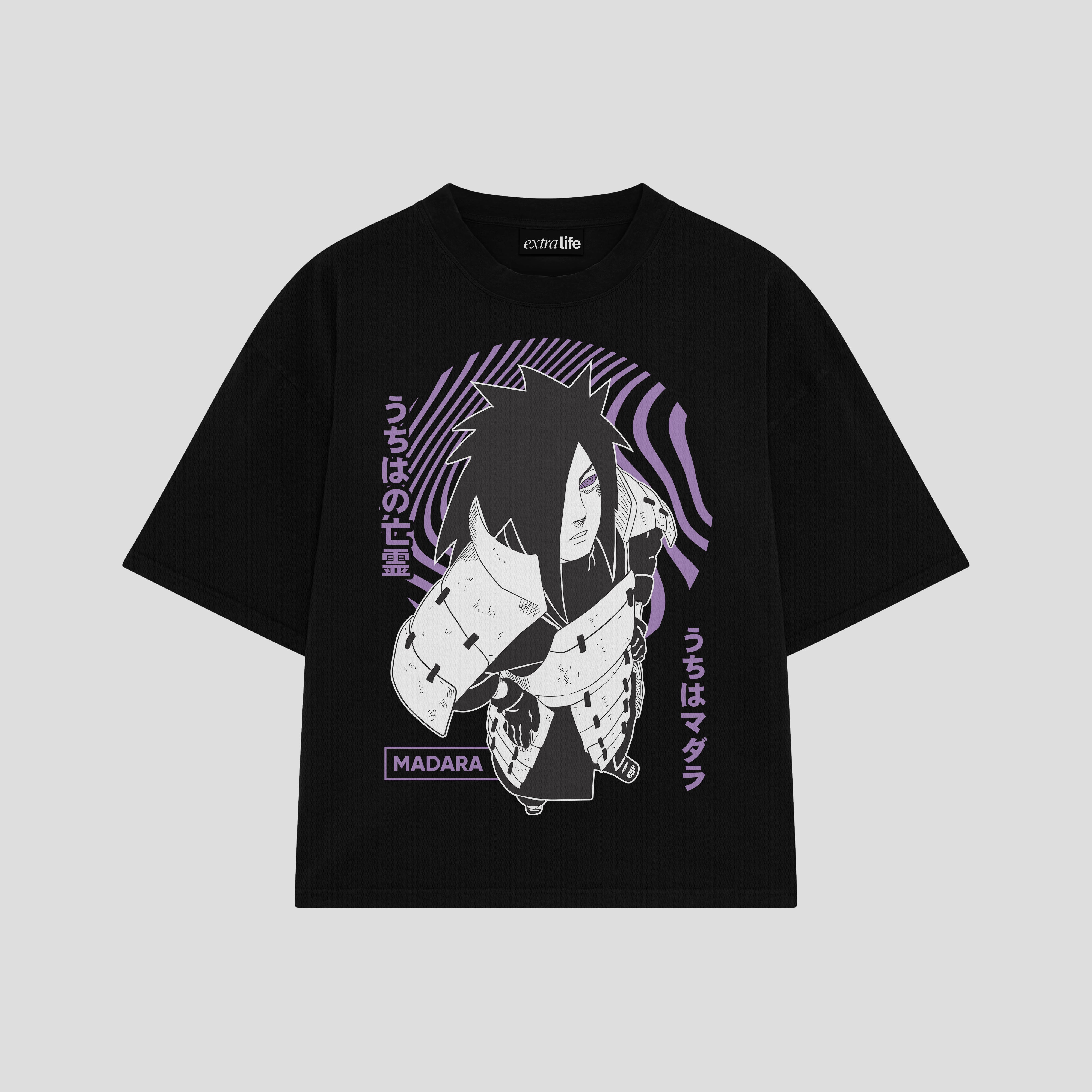 Playera streetwear premium de anime y gaming ExtraLife MX, corte boxy oversized drop shoulder heavyweight en color Deep Black y Off-White, moda urbana mexicana de culto.