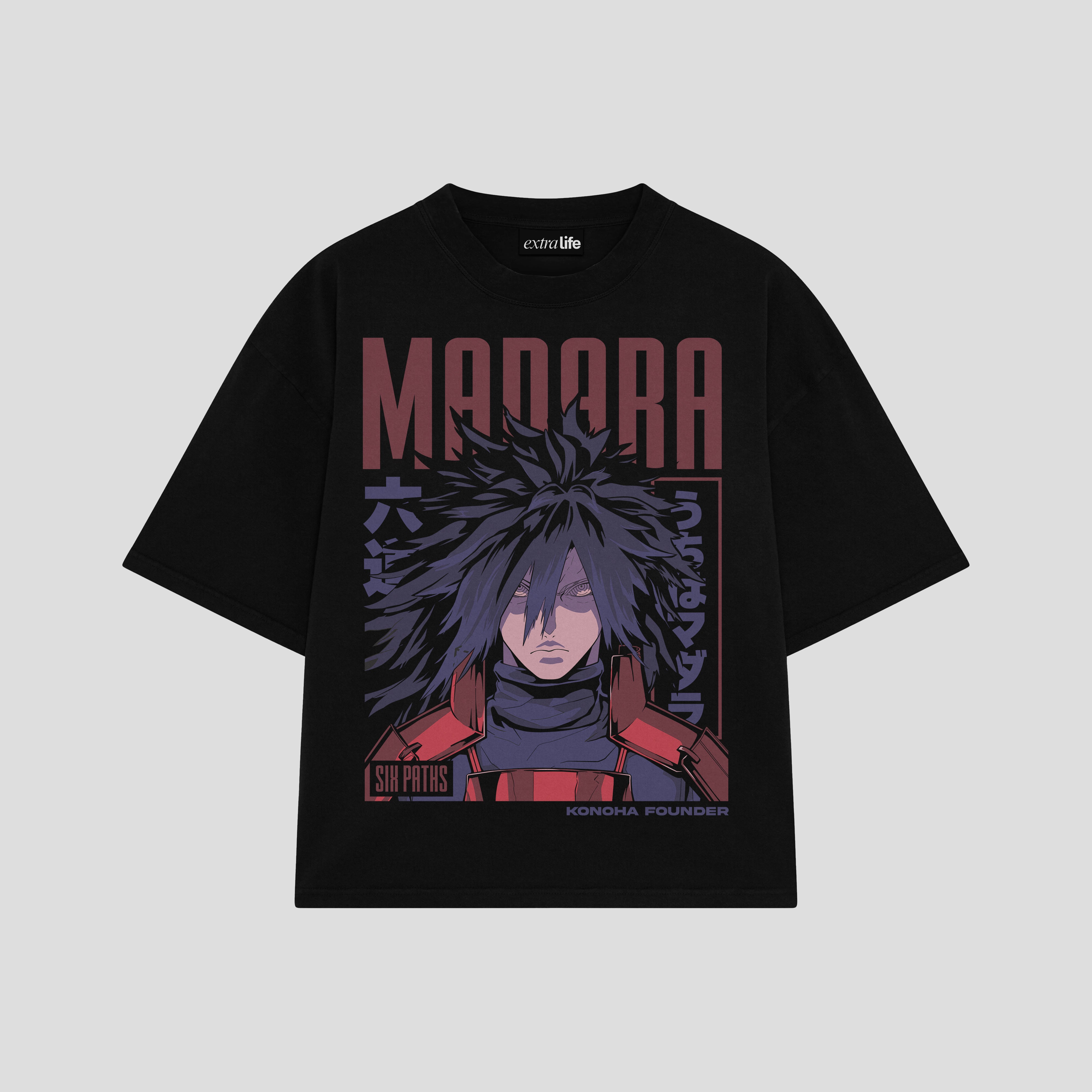 Playera streetwear premium de anime y gaming ExtraLife MX, corte boxy oversized drop shoulder heavyweight en color Deep Black y Off-White, moda urbana mexicana de culto.