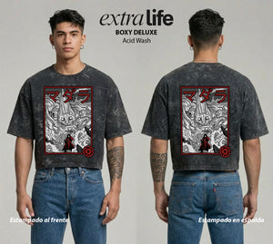 Playera streetwear premium de anime y gaming ExtraLife MX, corte boxy deluxe mineral wash heavyweight en color Acid Wash, moda urbana mexicana de culto.