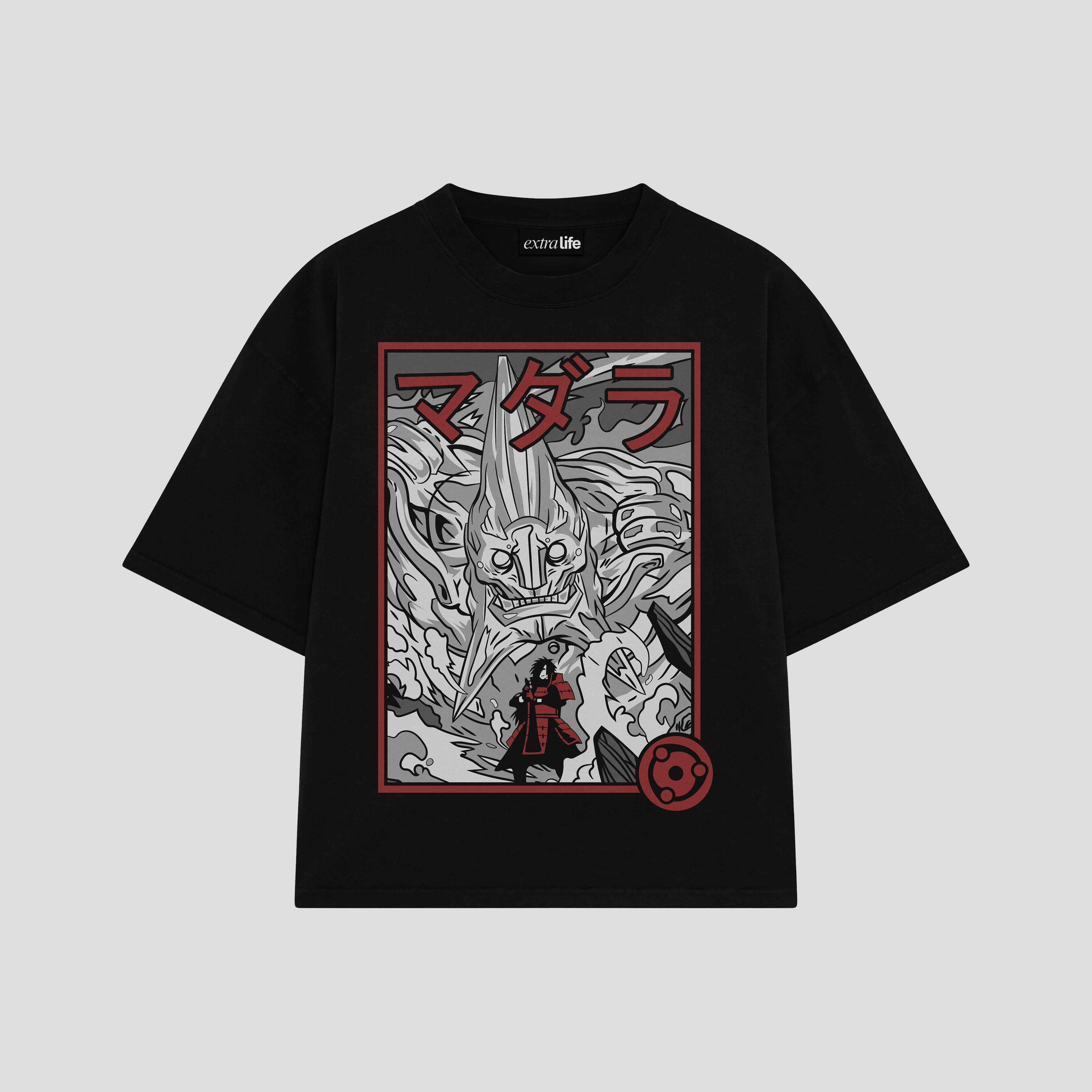 Playera streetwear premium de anime y gaming ExtraLife MX, corte boxy oversized drop shoulder heavyweight en color Deep Black y Off-White, moda urbana mexicana de culto.