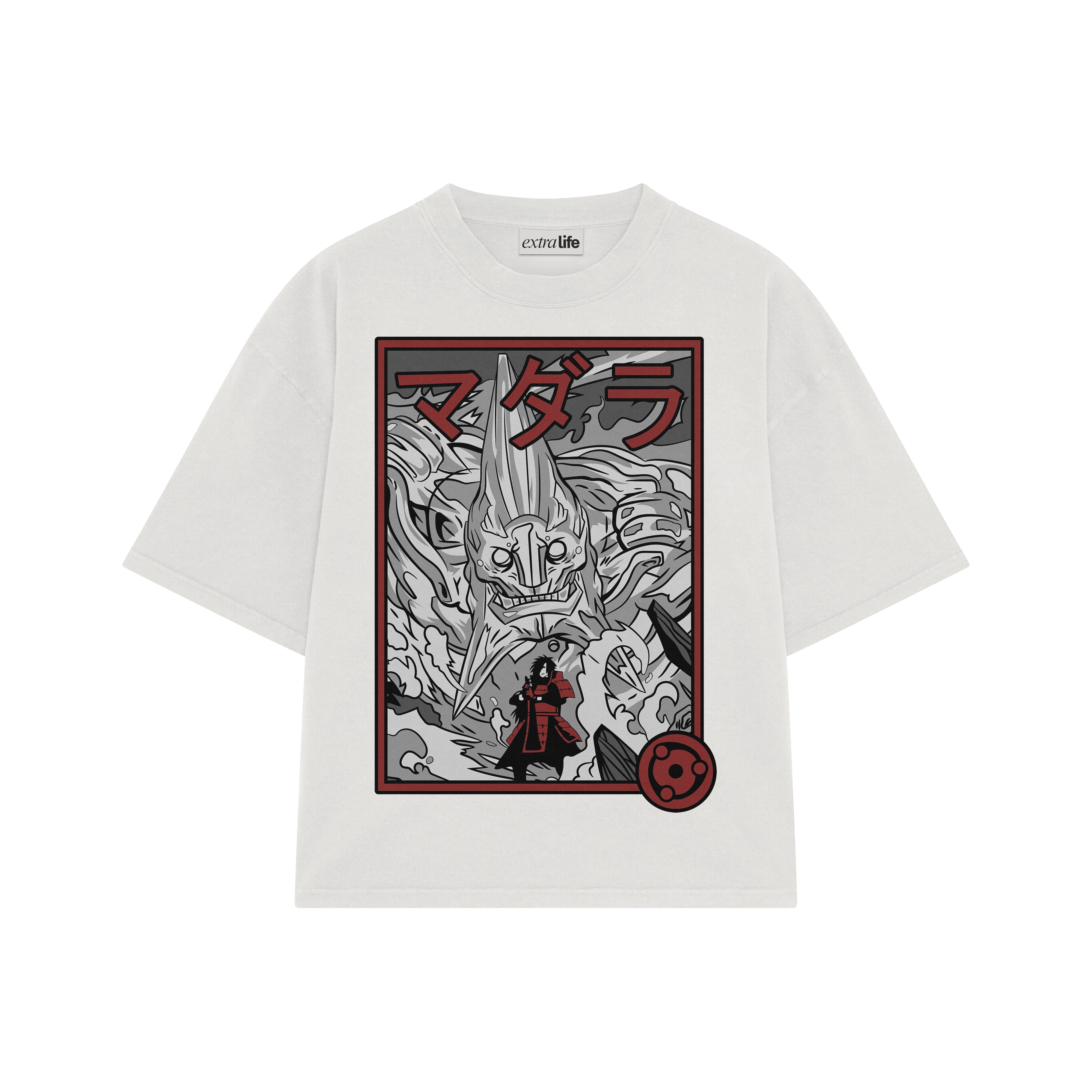 Playera streetwear premium de anime y gaming ExtraLife MX, corte boxy oversized drop shoulder heavyweight en color Deep Black y Off-White, moda urbana mexicana de culto.