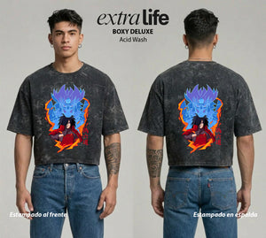 Playera streetwear premium de anime y gaming ExtraLife MX, corte boxy deluxe mineral wash heavyweight en color Acid Wash, moda urbana mexicana de culto.